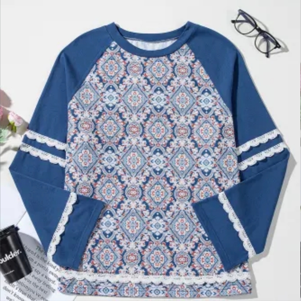 New Blue Patterned Lace Detail Women's Top - Picture 12 of 15